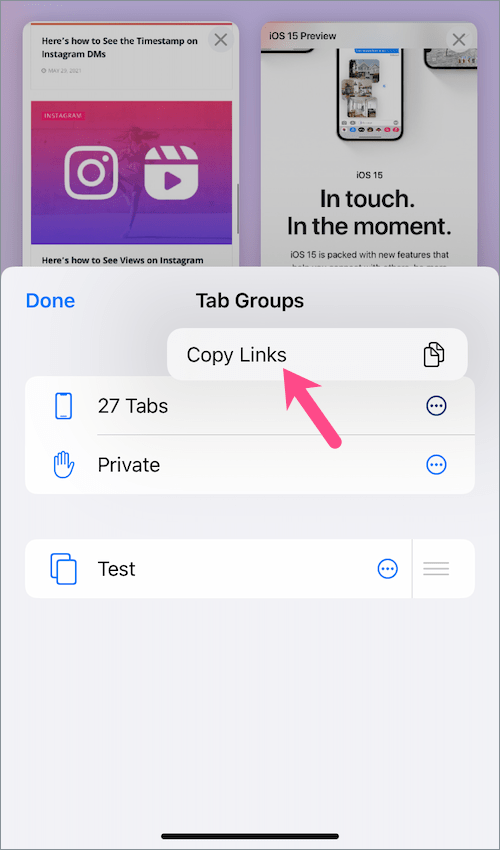 how to copy links of all open tabs in safari on iPhone