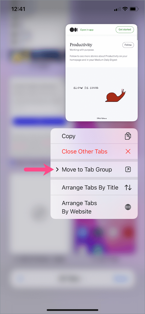 move tabs from one tab group to another in safari on iPhone