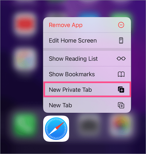 shortcut to open new private tab with safari from Home Screen