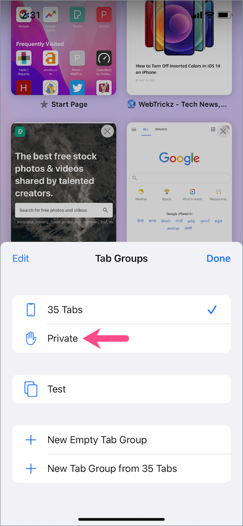 how to switch to private tabs in safari on iOS 15