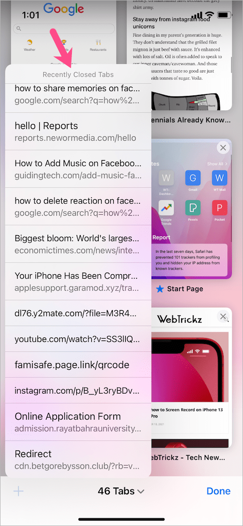 how to see recently closed tabs in safari on iOS 15