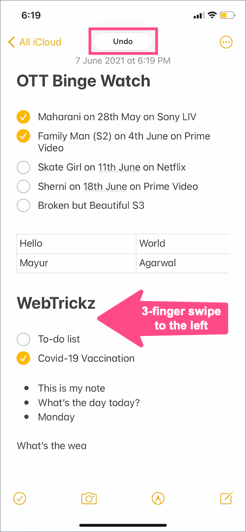 how to undo in notes on iPhone without shaking