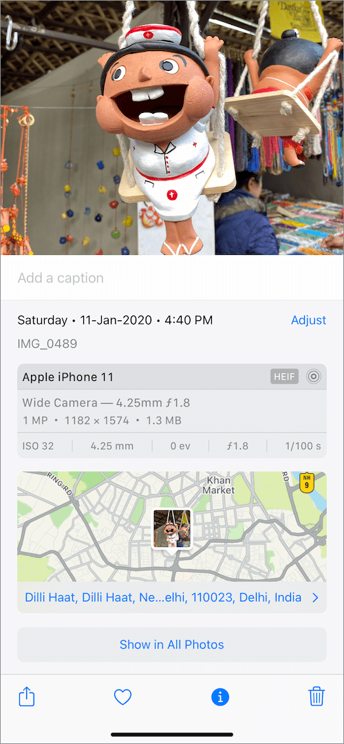Photos app in iOS 15 shows EXIF Metadata of photos