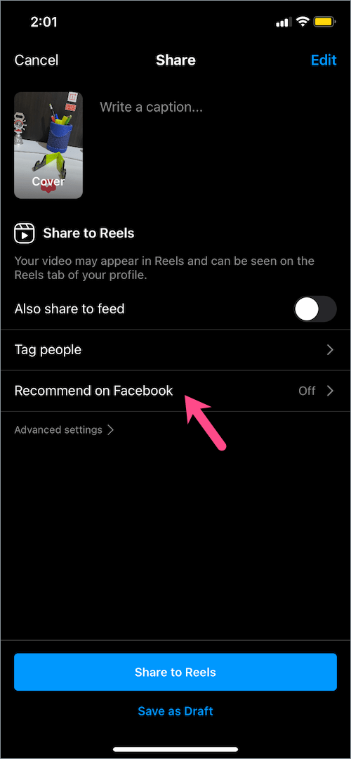 recommend on Facebook option when sharing instagram reel 