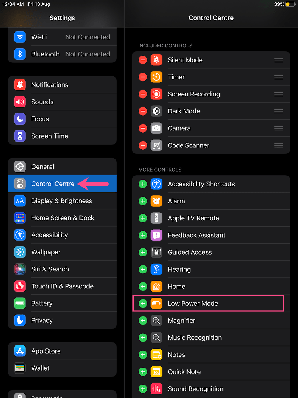 add low power mode to Control Center on iPad