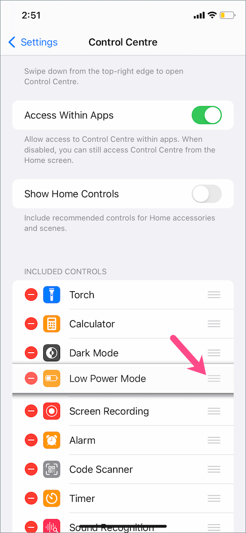 add low power mode shortcut to Control Center