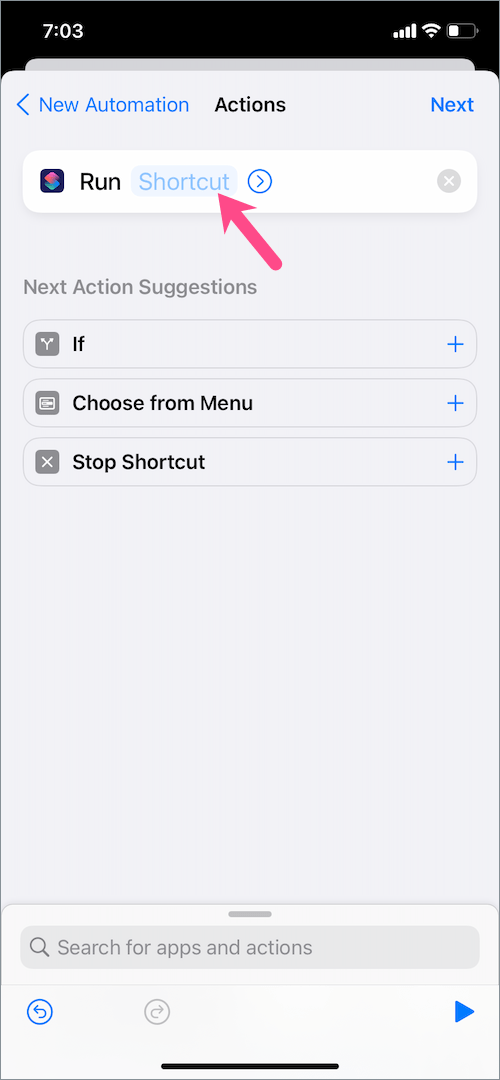 choose action in iOS shortcut