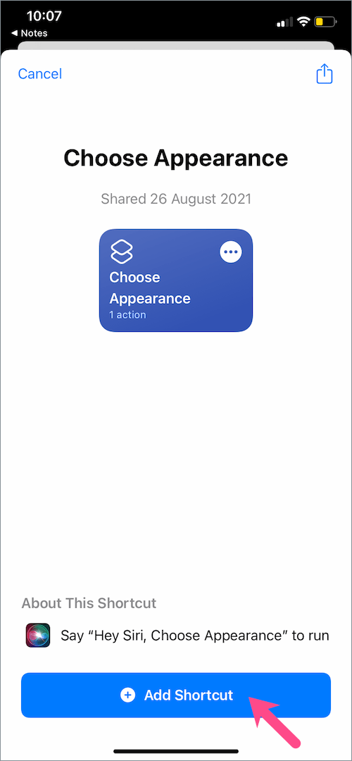 choose appearance shortcut iPhone