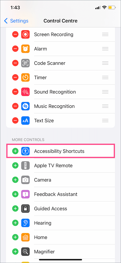 add accessibility shortcuts to Control Center on iPhone