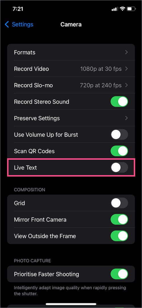 how to turn off iOS 15 Live Text in Camera app on iPhone