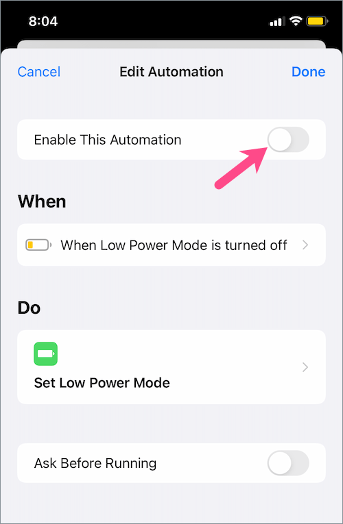 how to disable an automation in shortcuts