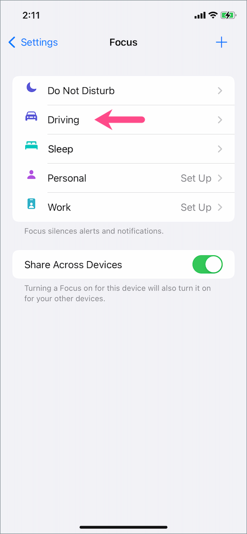driving mode settings on iOS 15