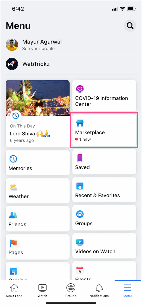 marketplace on Facebook app