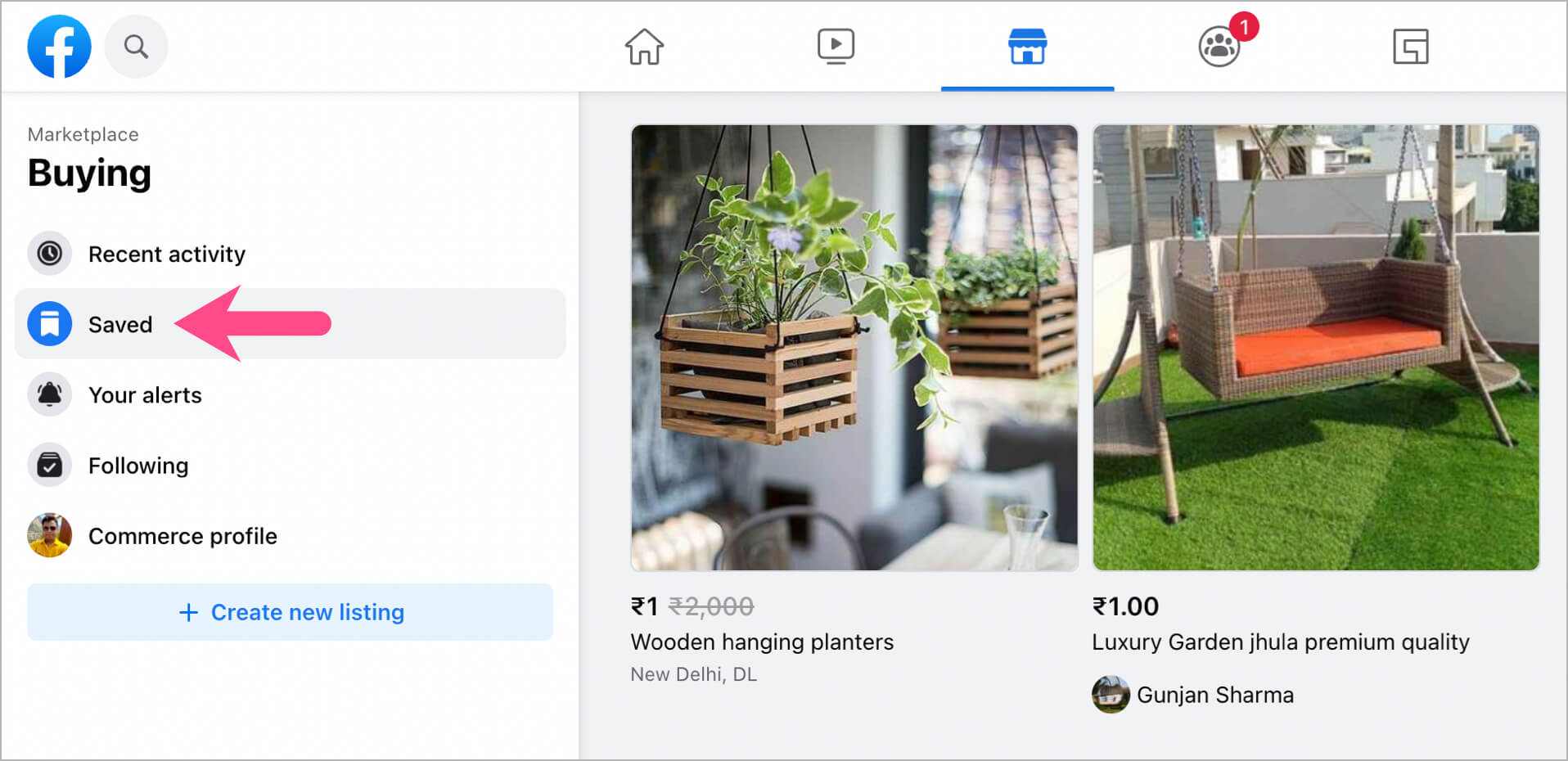how to find saved items in Facebook Marketplace on desktop