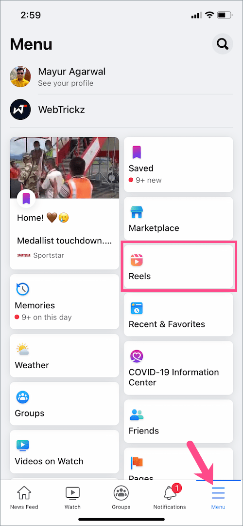 reels tab in Facebook app