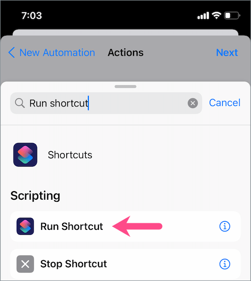 run shortcut action on iOS