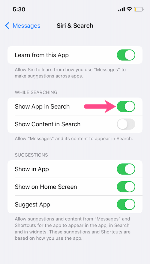 show messages app in spotlight search on iOS