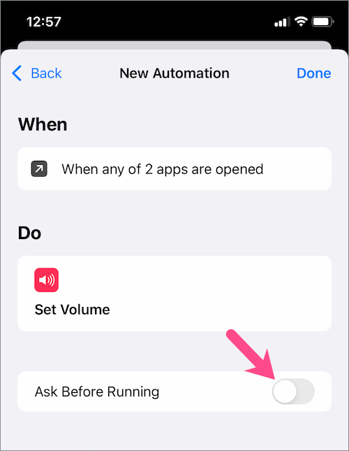 turn off ask before running in shortcuts app