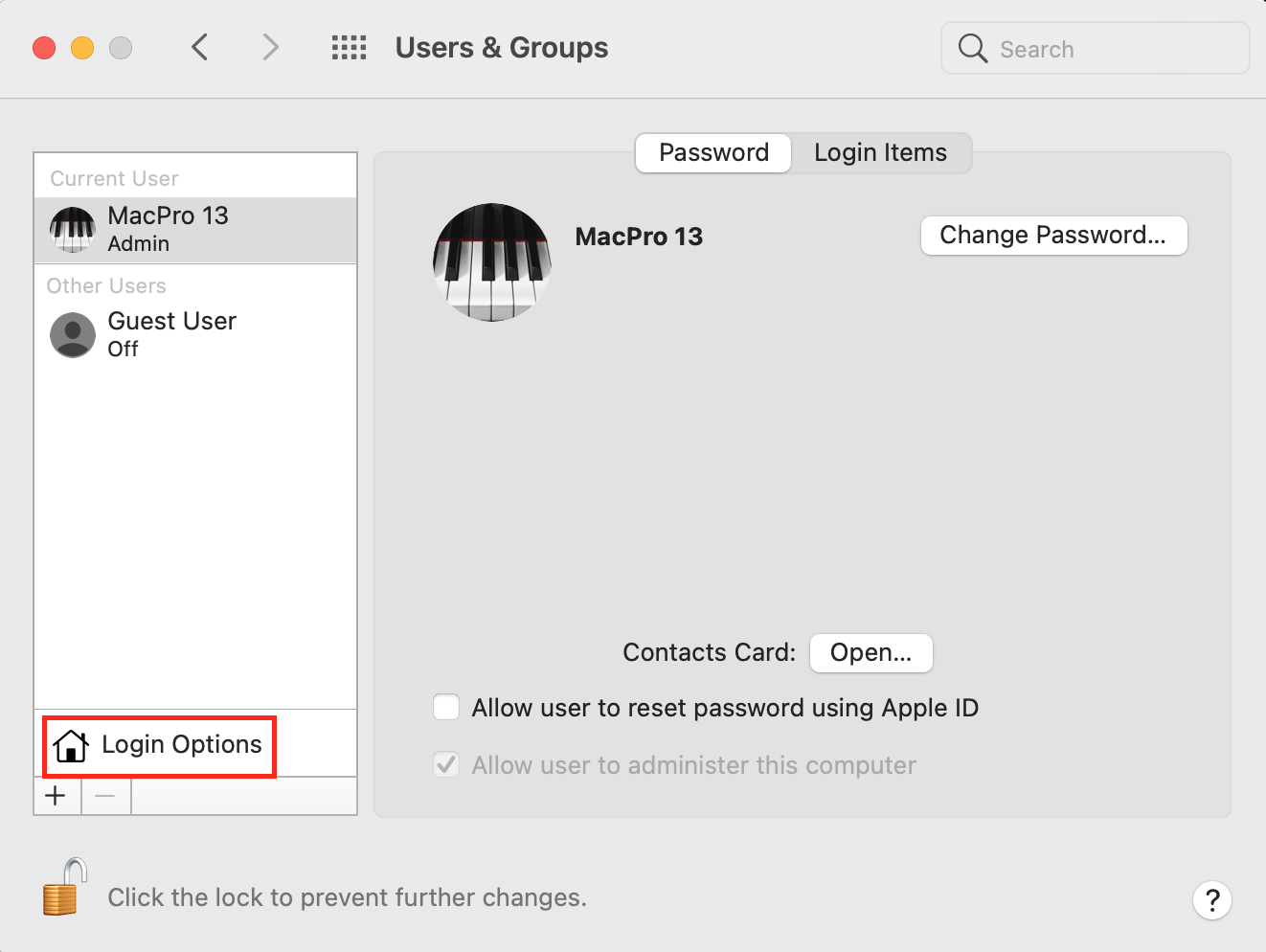 edit login options on Mac