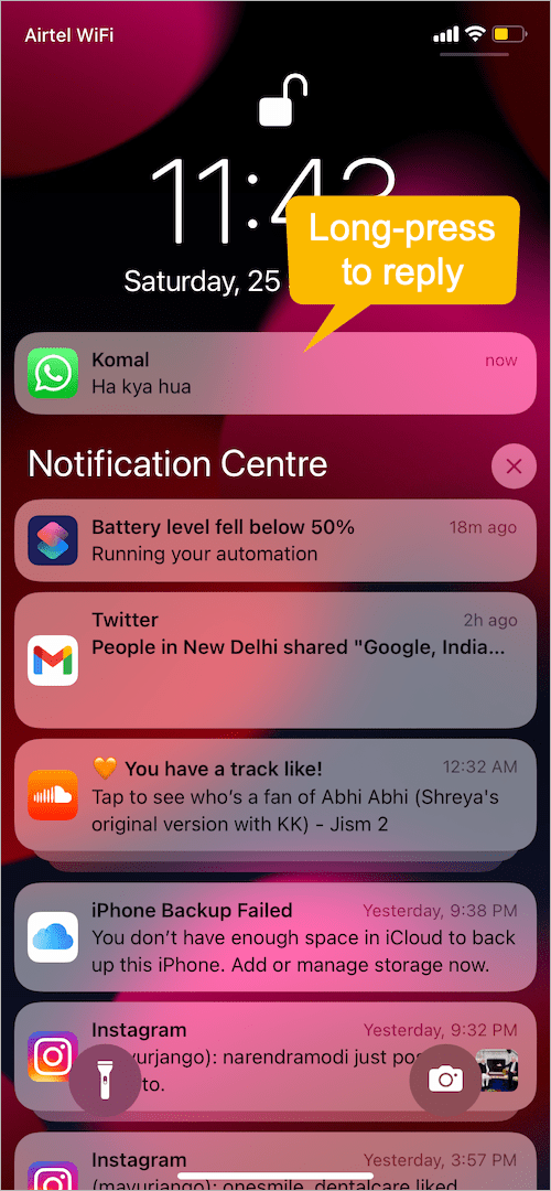 how to reply to WhatsApp messages from Notification bar on iPhone