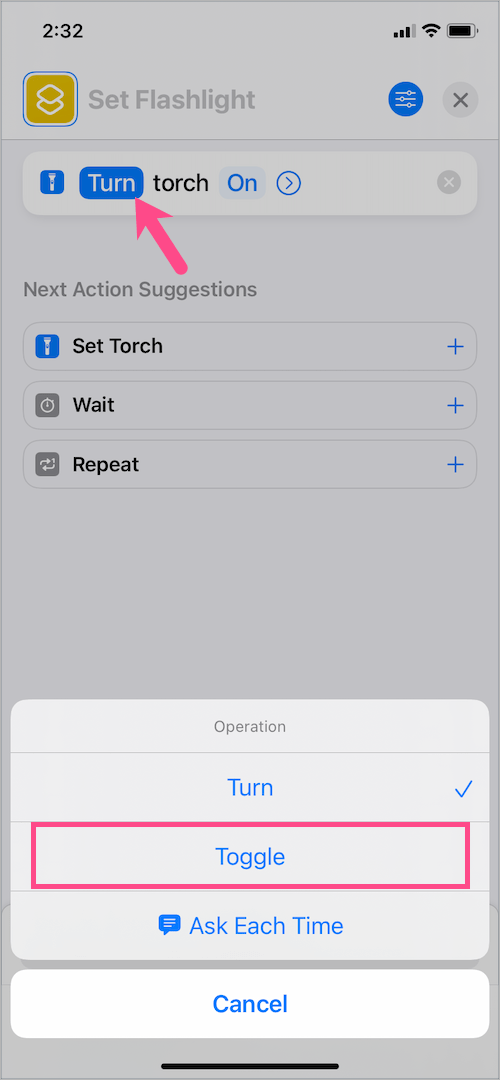 toggle torch shortcut on iPhone