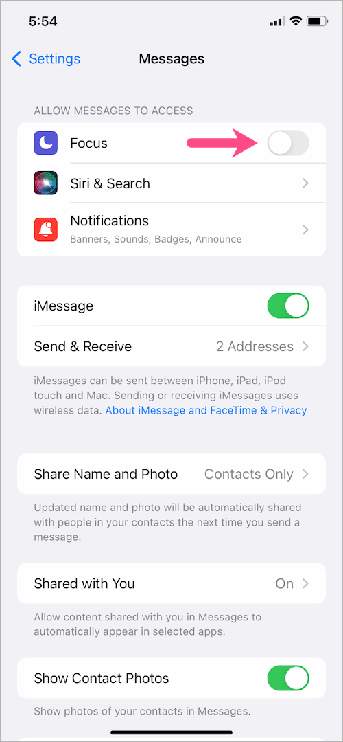 disable focus for messages in iOS 15 on iPhone