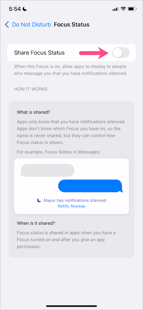how to turn off focus status sharing in iOS 15