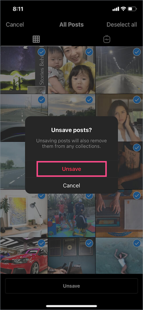 Unsave all saved posts at once on instagram on iPhone