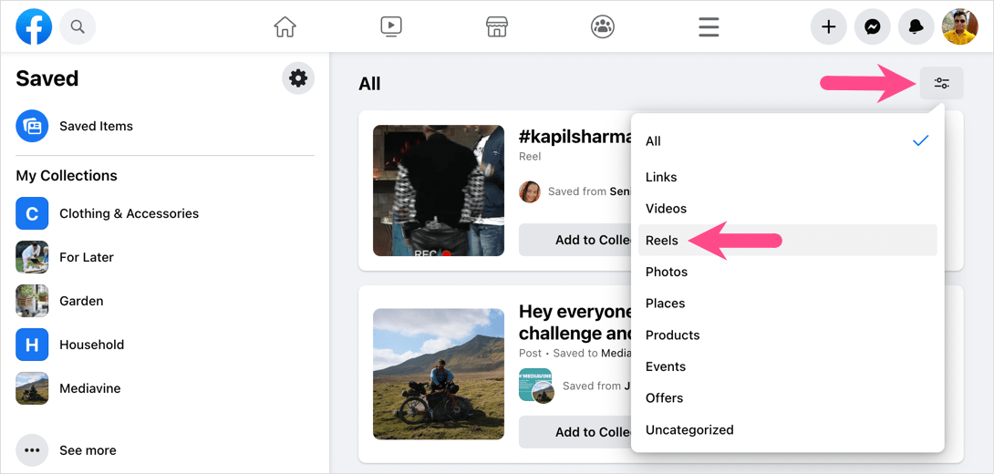 how to find all your saved reels on facebook desktop