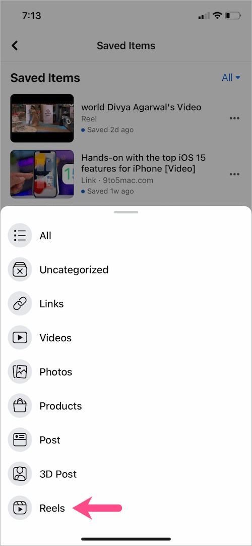 how to see your saved Facebook reels video