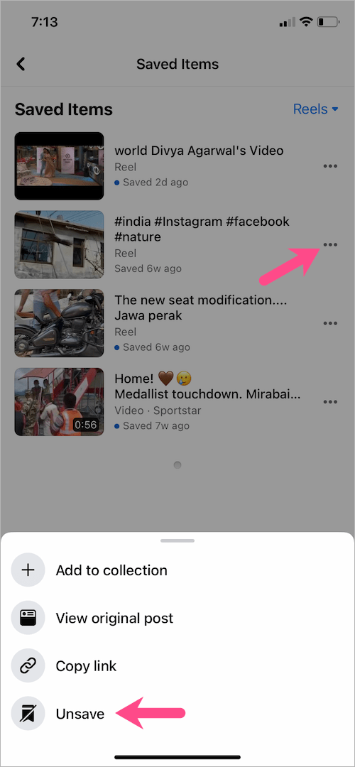 how to unsave a Facebook reel
