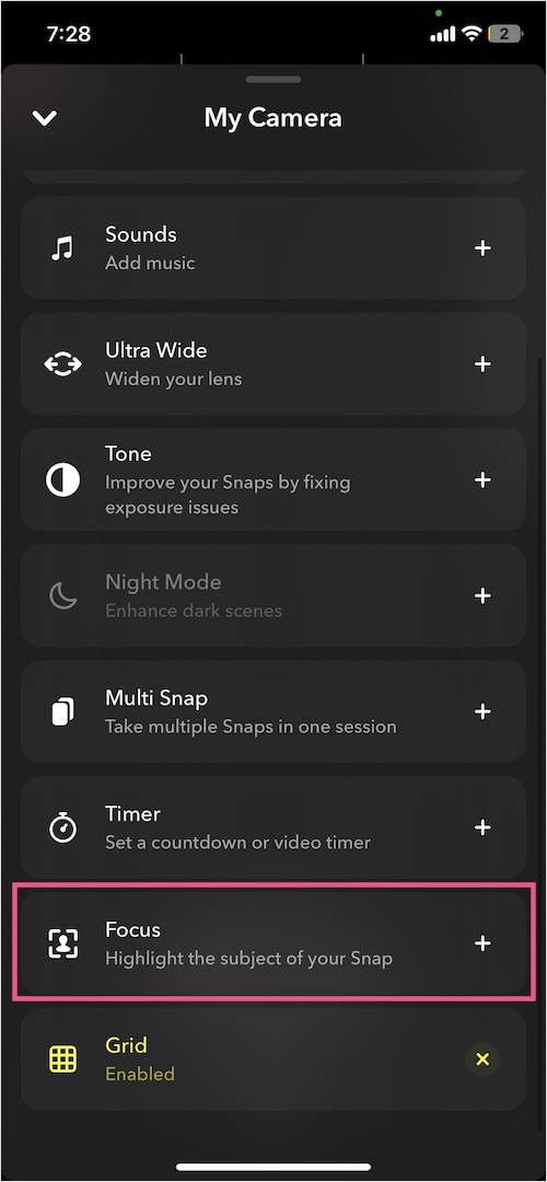 how to enable focus effect on snapchat