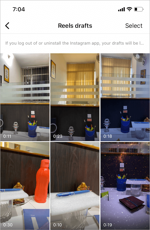 cuộn bản nháp trong ứng dụng instagram
