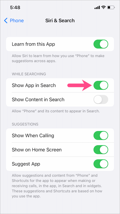 show phone app in spotlight search on iOS