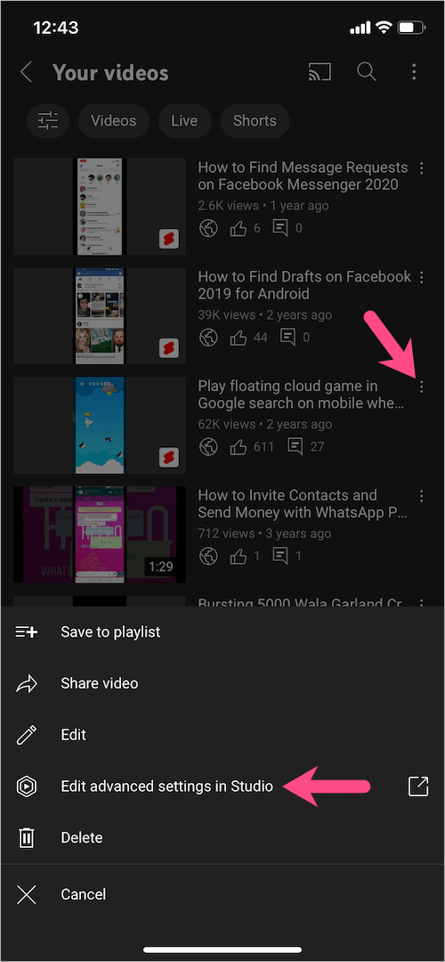 Edit advanced settings in Studio on youtube app