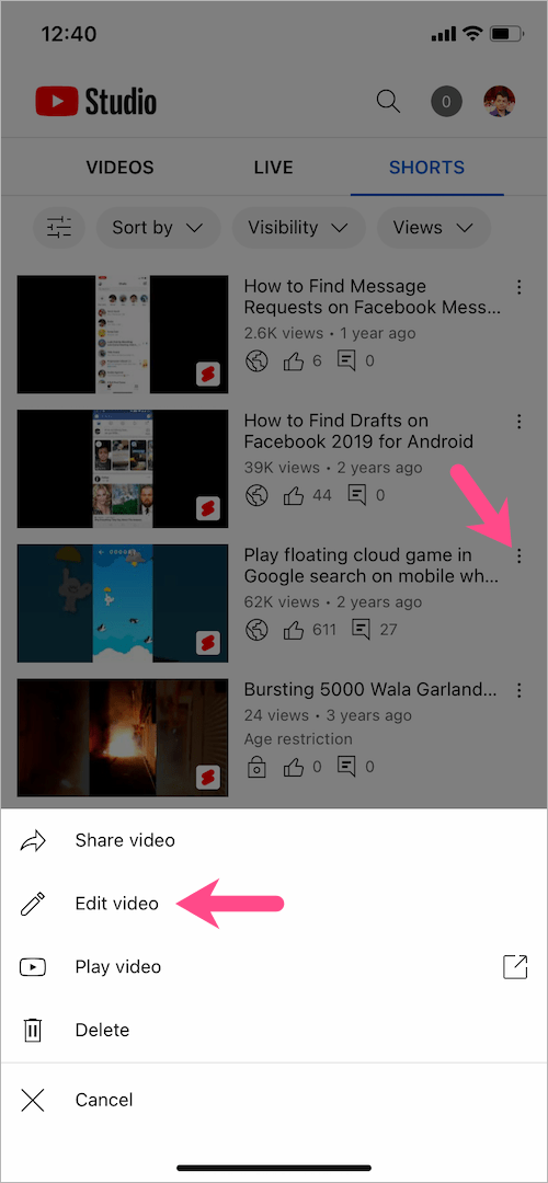 edit shorts video in youtube studio app