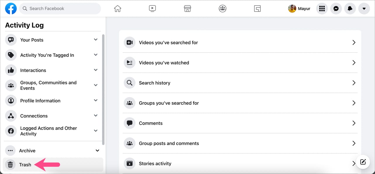 how to go to facebook trash folder on desktop