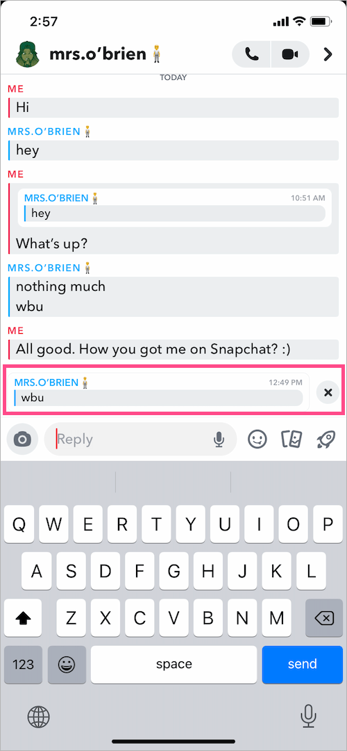reply to a particular message on snapchat