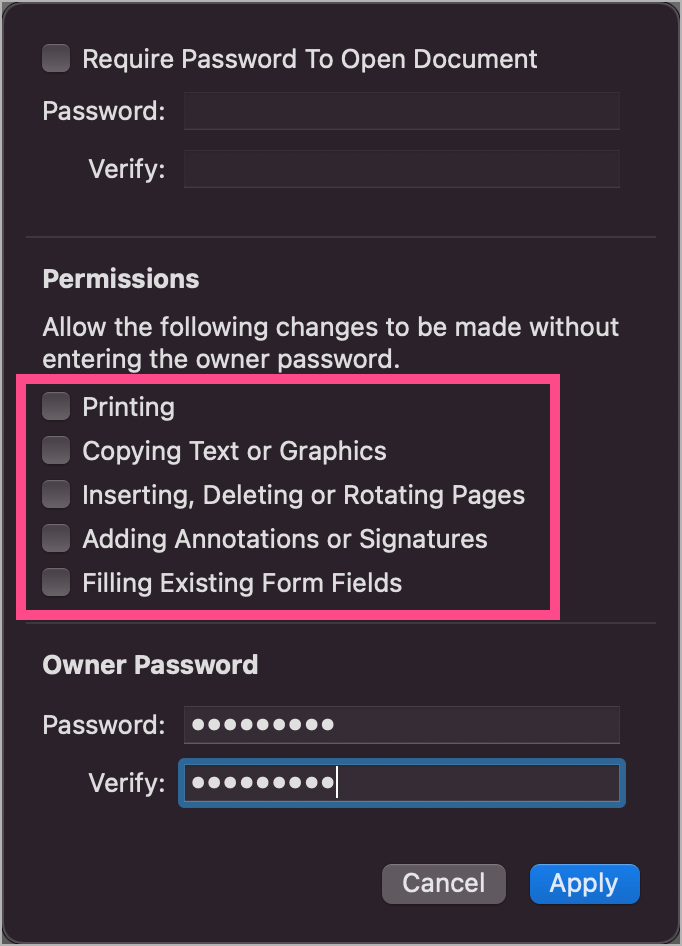 how to set owner password for pdf in preview on mac monterey