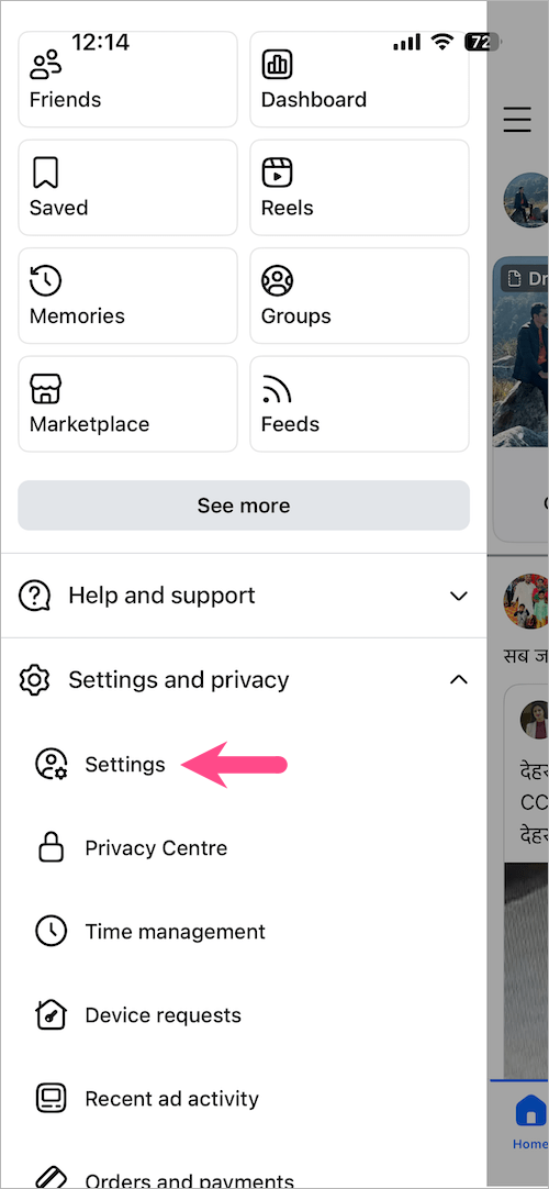 settings in facebook app