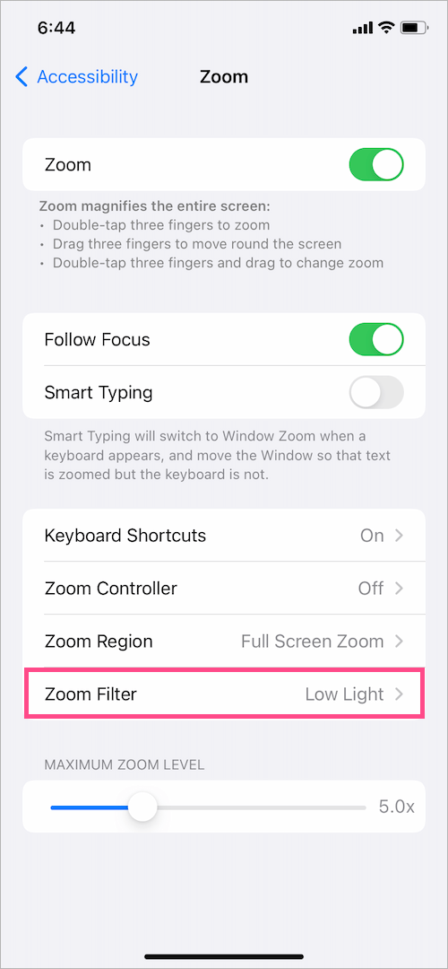 disable zoom filter on iphone