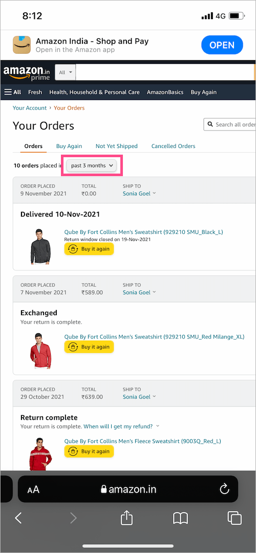 how to view archived orders on amazon mobile