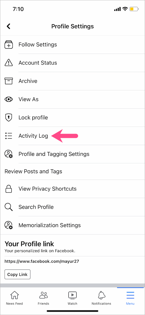 go to activity log in facebook app