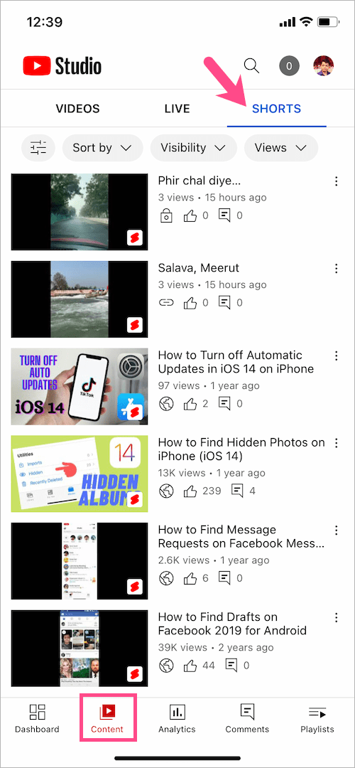 view all uploaded shorts in youtube studio app