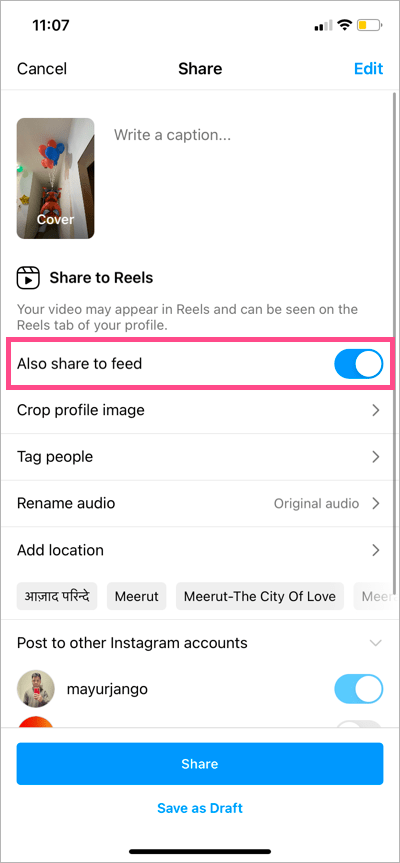 option to share reel to instagram feed while posting