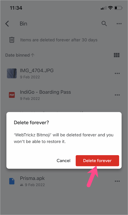 delete file forever in google drive app