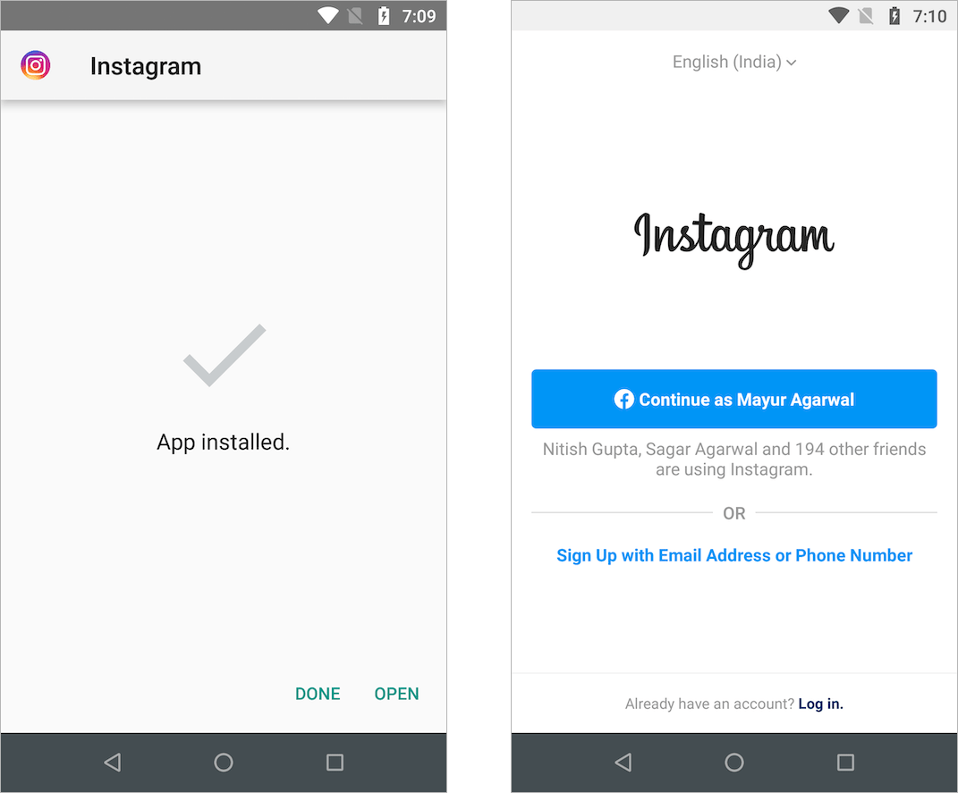 open and log into instagram app