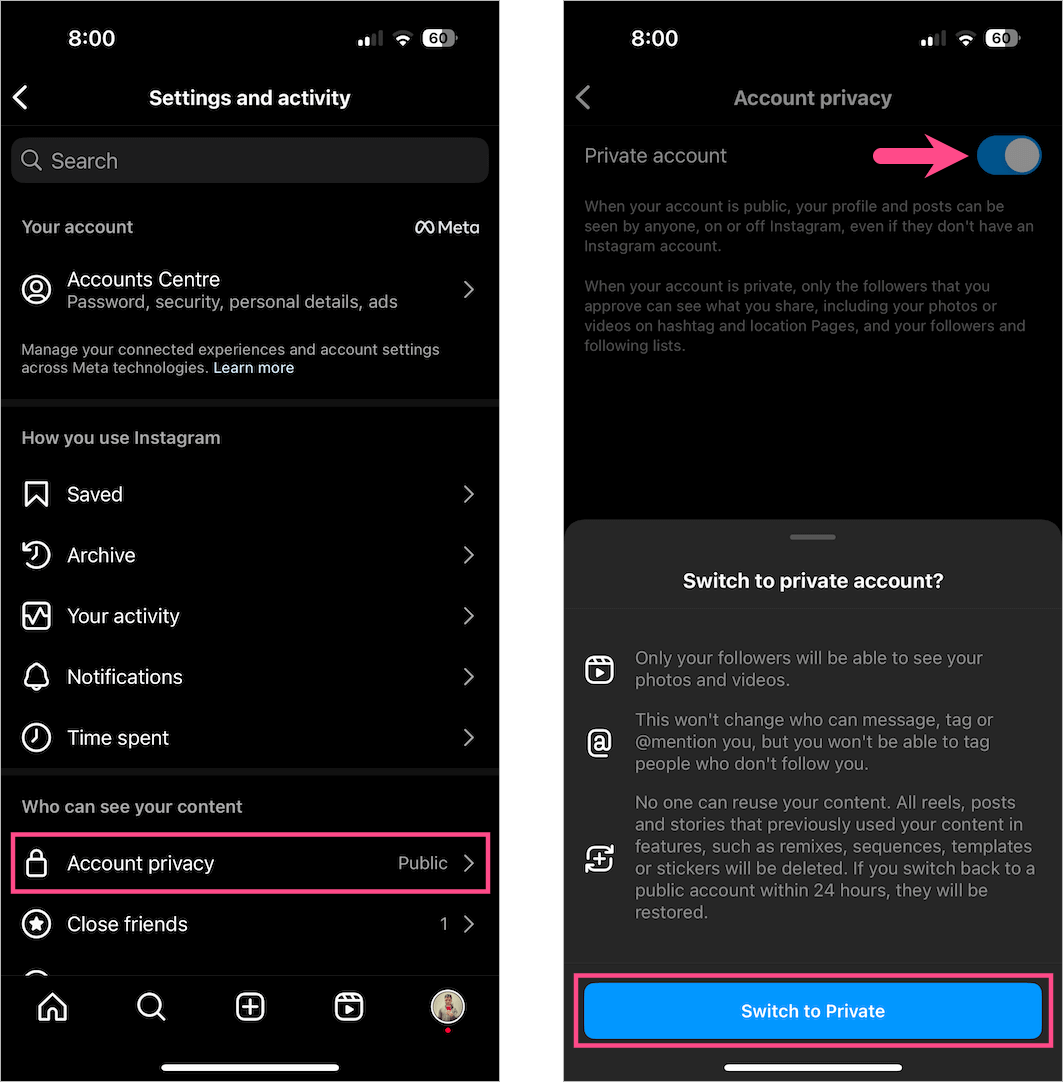 how to switch to a private account on instagram