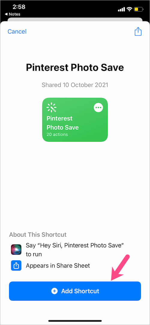 pinterest photo save shortcut for ios