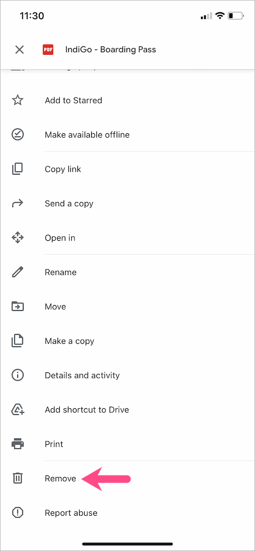 remove button in Google Drive app on iphone